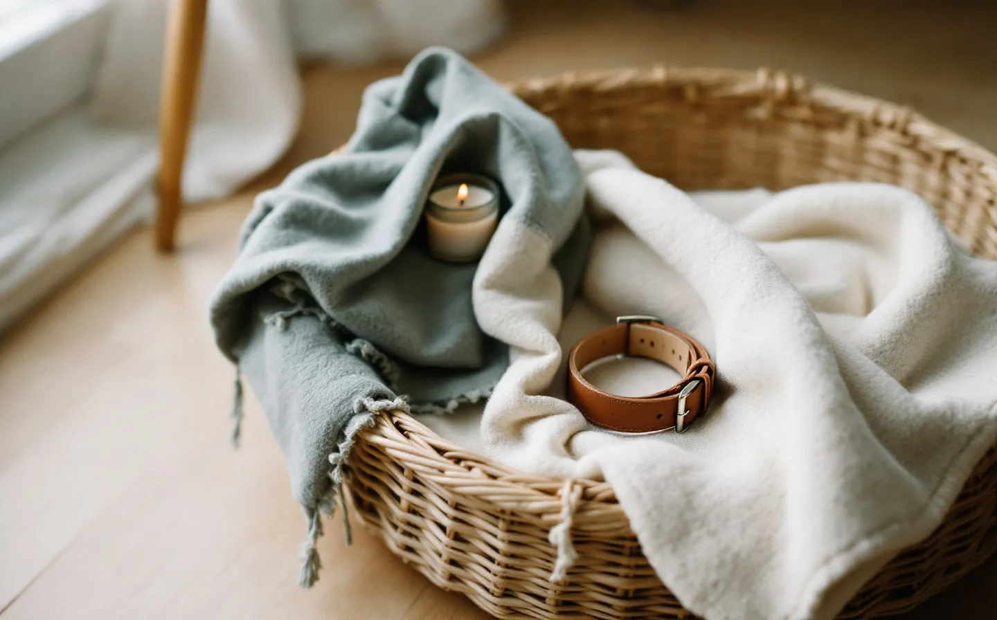 A soft blanket, a folded towel, and a clay paw-print kit gathered in a basket for caring for a dog at home.