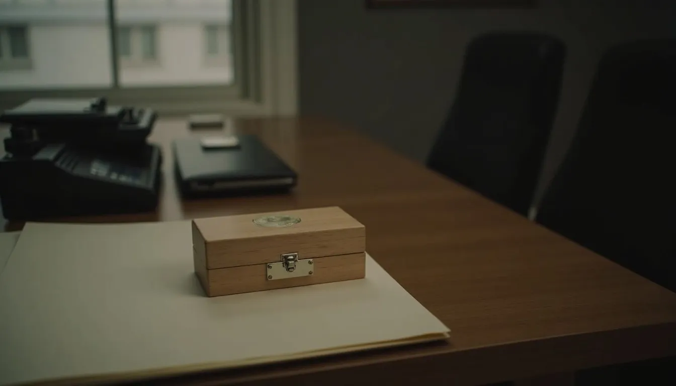 A plain wooden pet ashes box on a desk beside a closed case file, in soft window light.