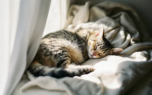 A cat resting on a soft folded blanket in a calm, sunlit corner of a home.