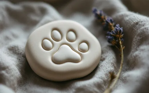 A clay paw-print keepsake on linen beside a notebook — the kind of small preparation that makes a hard call easier.