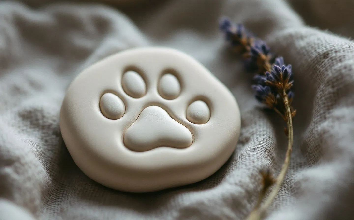 A clay paw-print keepsake impression resting on linen, a sprig of dried lavender beside it.