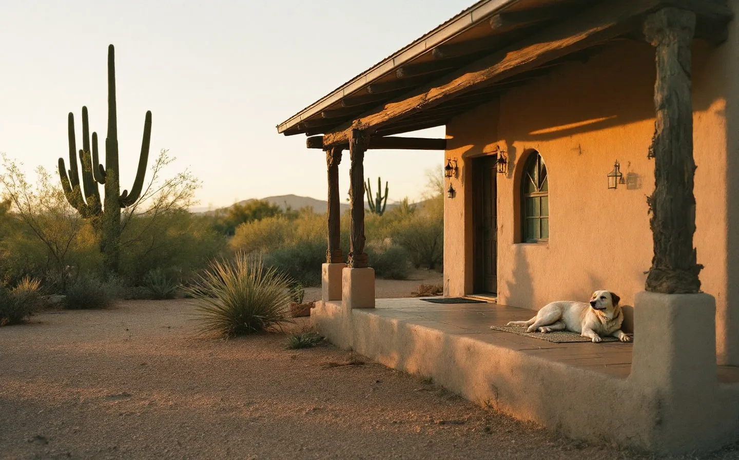 A quiet Arizona desert home at dusk, saguaro silhouettes against a warm sky.