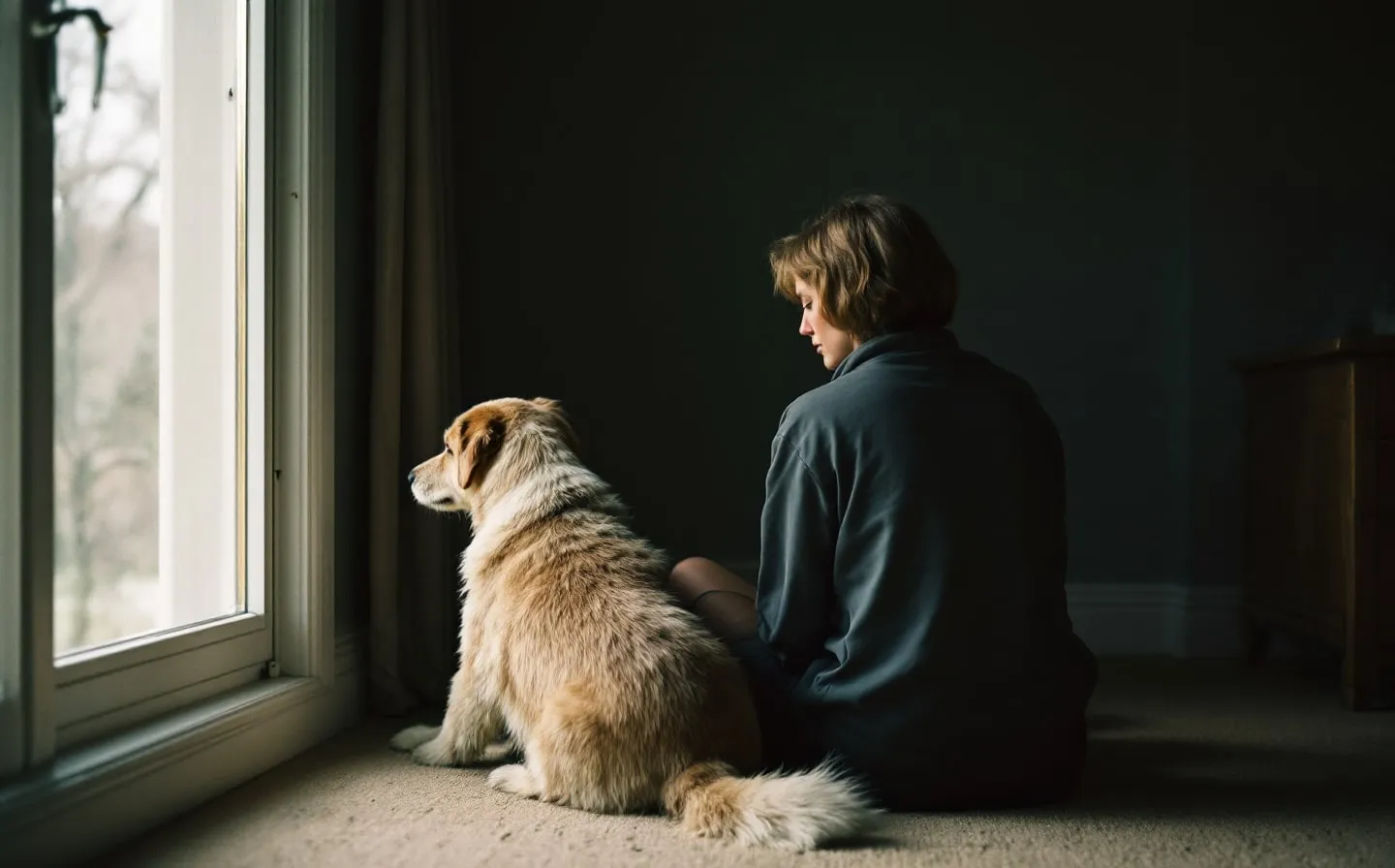 A pet owner sitting quietly with their dog by a sunlit window at home.