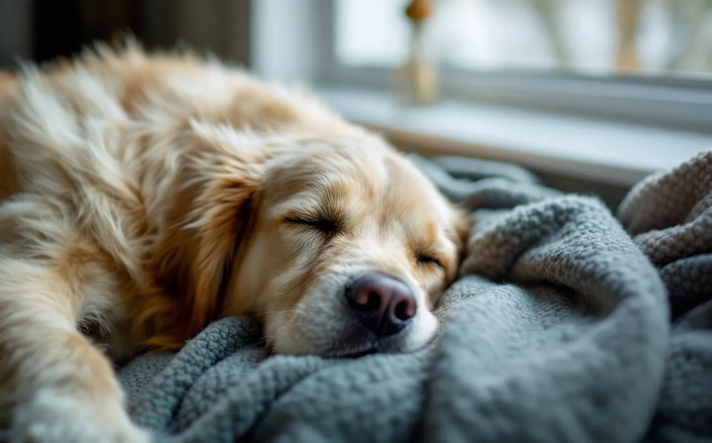 A senior dog resting calmly on soft padded bedding in a quiet, familiar room at home.