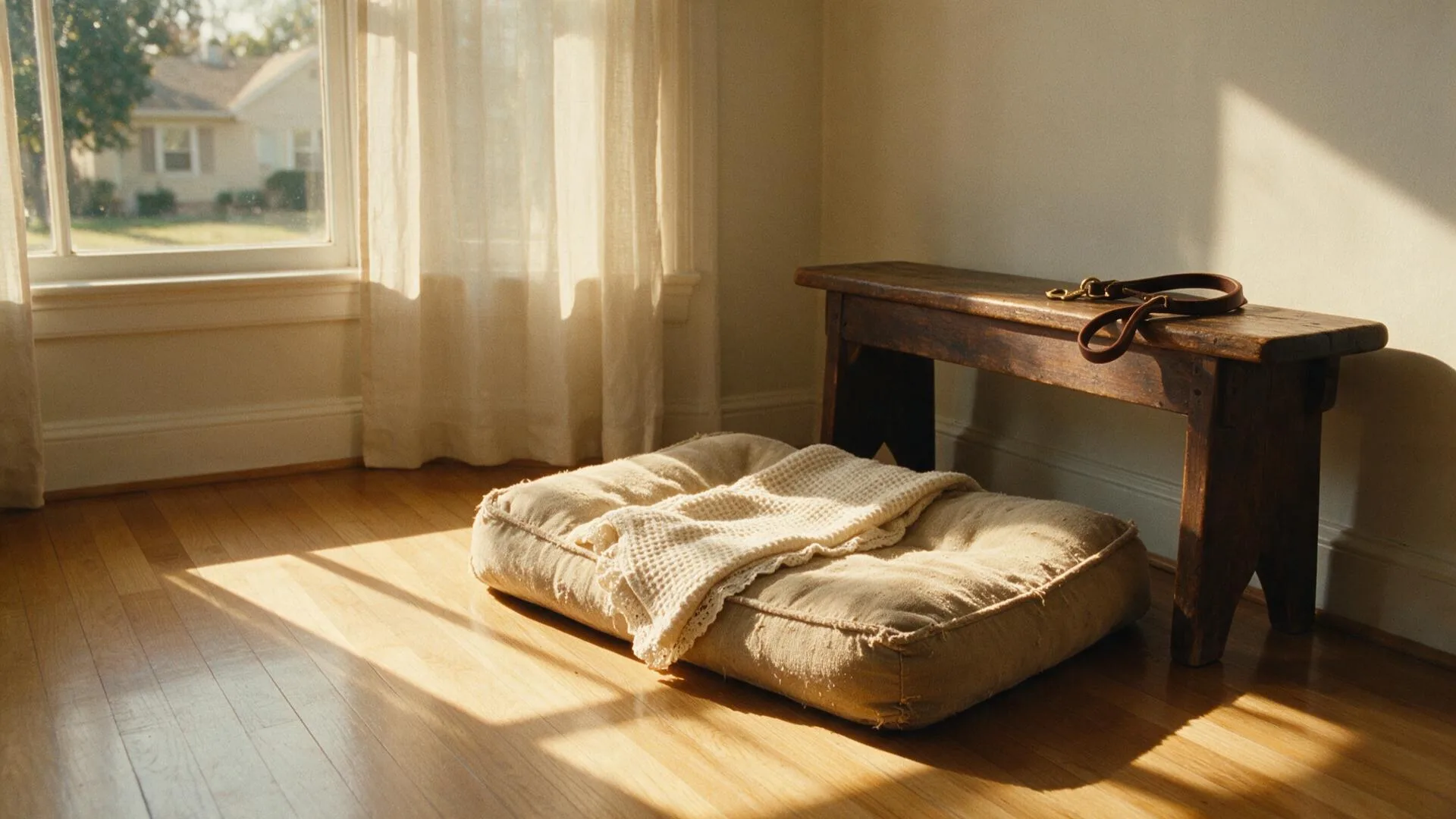 An empty dog bed with a folded blanket on a wooden floor, a leather leash resting on a nearby bench in the morning light — the quiet moments that make the goodbye matter.