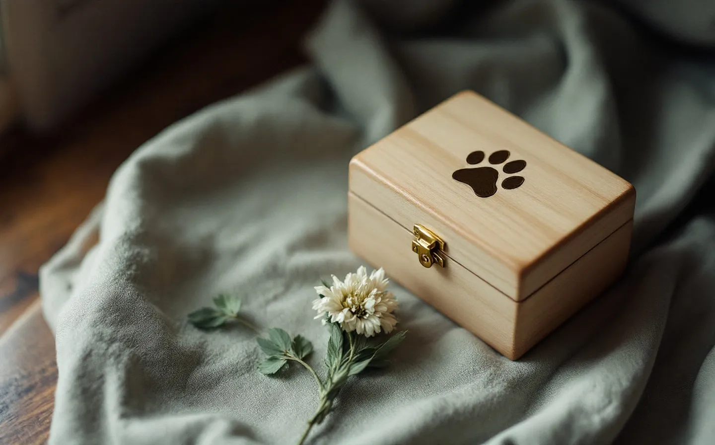A wooden keepsake box and pet urn holding returned ashes, set on a calm tabletop with a paw-print token.