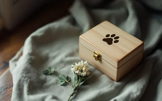 A wooden keepsake box and pet urn holding returned ashes, set on a calm tabletop with a paw-print token.