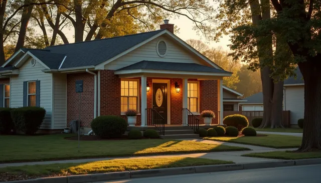 A modest brick-and-clapboard pet memorial building with warmly lit windows on a quiet suburban street at dusk.