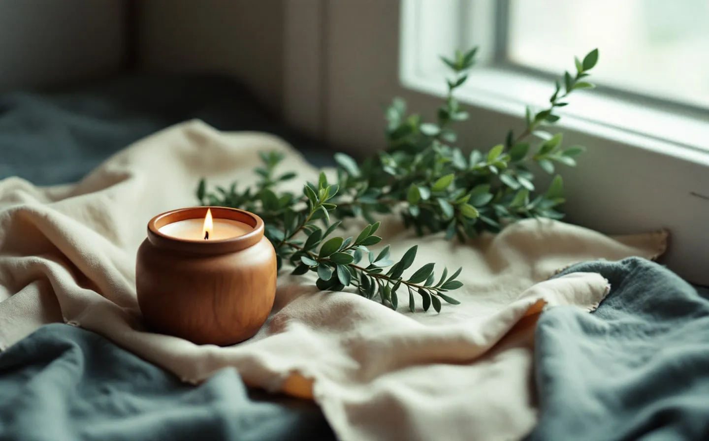 A small lit candle in a quiet home nook beside a framed photo, soft evening light around it.
