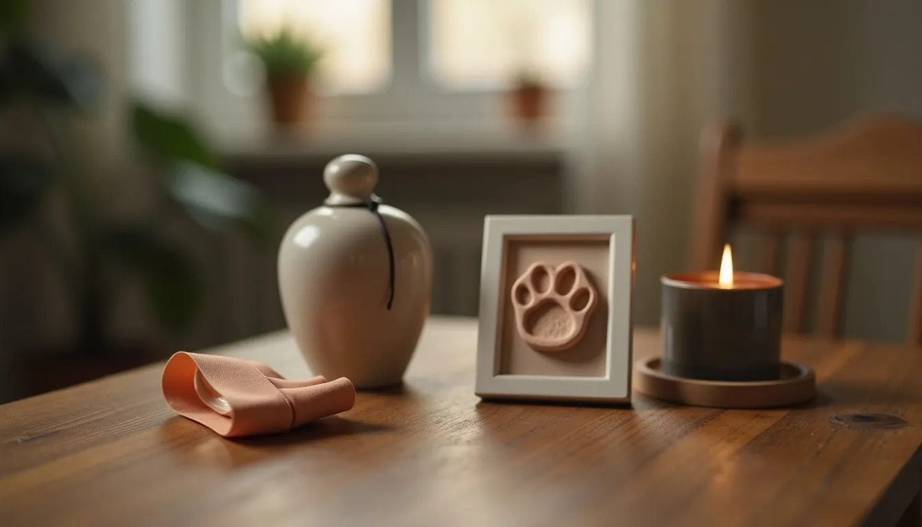 Pet memorial keepsakes on a wooden table — a small ceramic urn, a framed clay paw print, a candle, and a folded ribbon.