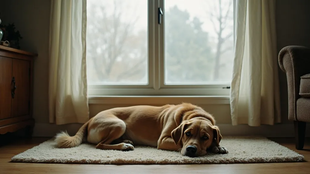 A calm senior dog resting on a rug beside a home window with faint condensation on the glass.