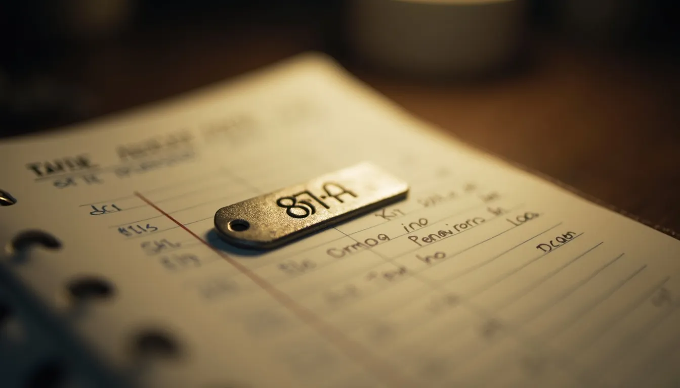 A numbered metal identification tag resting on an open handwritten logbook under warm desk light.