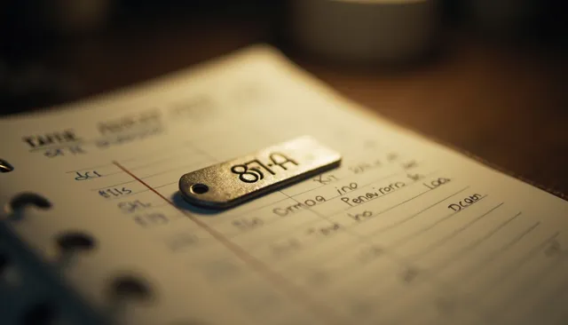 A numbered metal identification tag resting on an open handwritten logbook under warm desk light.