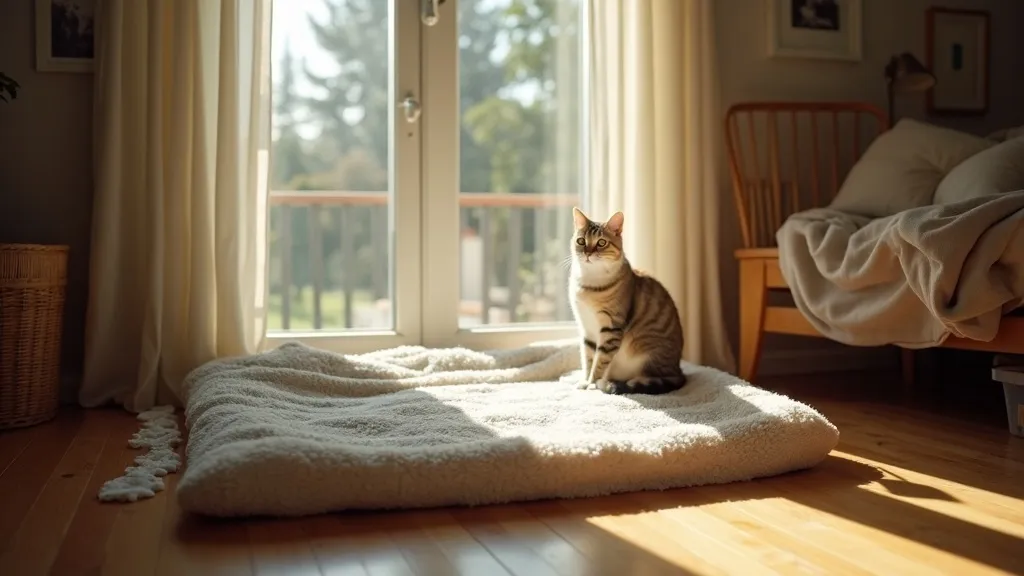 A freshly laundered pet bed and folded blanket drying near a sunny window, with a cat resting on dry floorboards nearby.