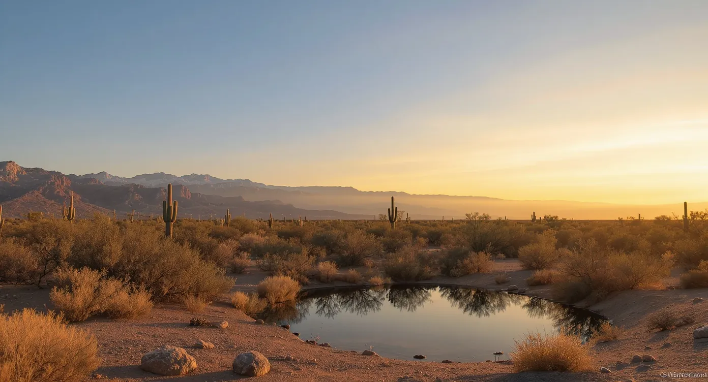 A Sonoran desert reflective pool at golden hour resting at home in Phoenix, AZ. Maricopa County pet cremation services from Hallowed Paws.