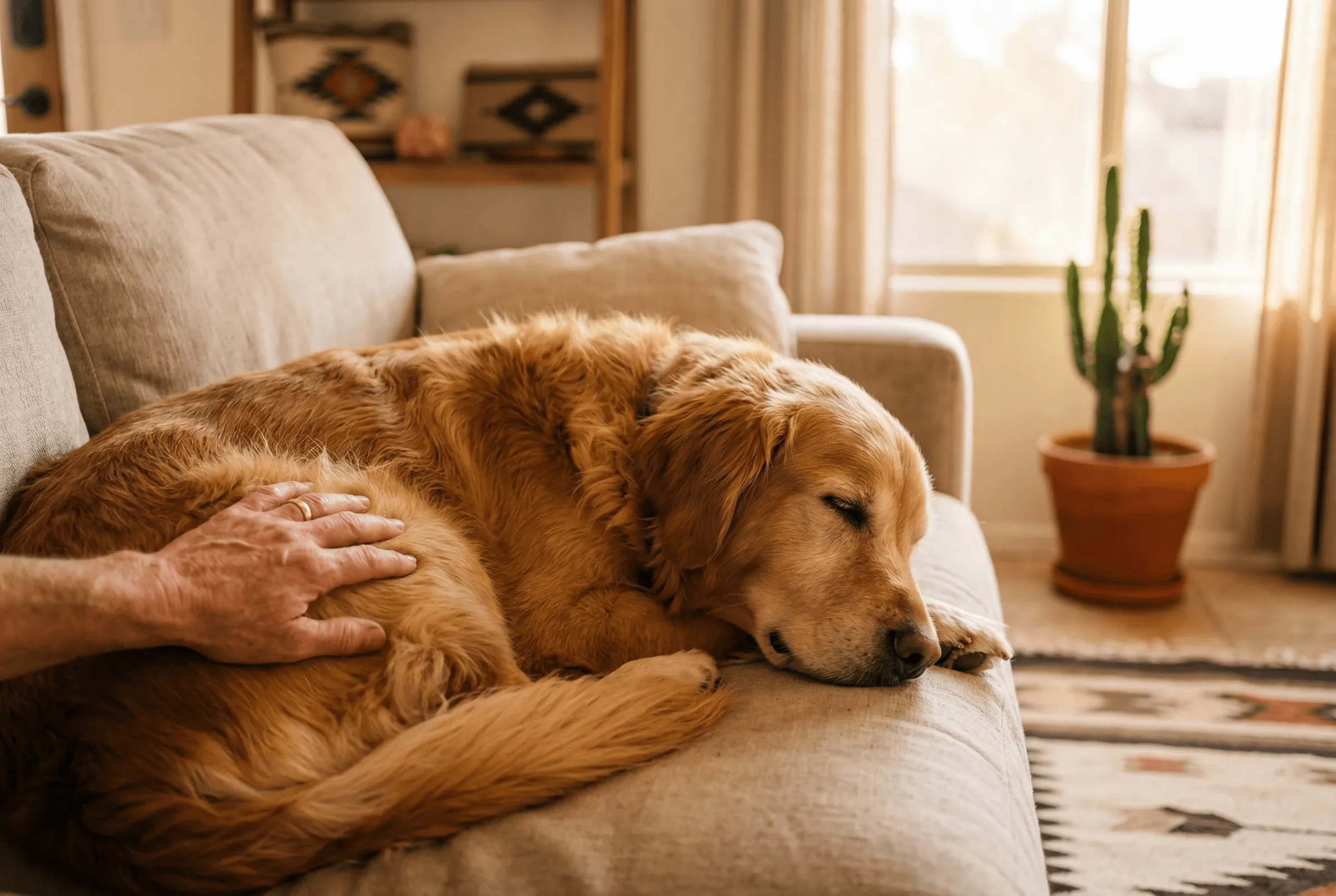 A dog resting at home in Phoenix, AZ. Maricopa County pet cremation services from Hallowed Paws.