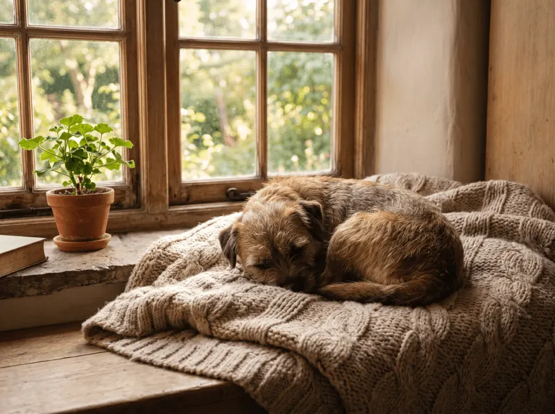 A small terrier resting peacefully on a knit blanket beside a sunlit window.