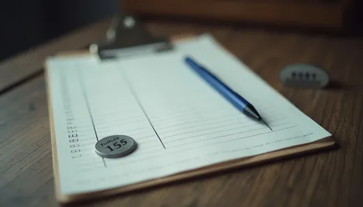 A printed vetting checklist on a clipboard with a pen, beside a small numbered metal pet ID tag on a desk.